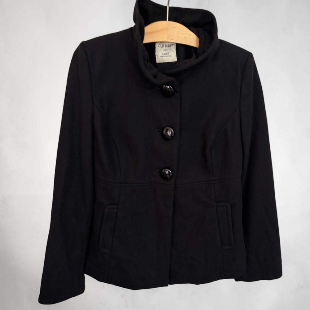 Old Navy Black Wool Blend Funnel Neck Button Front Coat Jacket Small